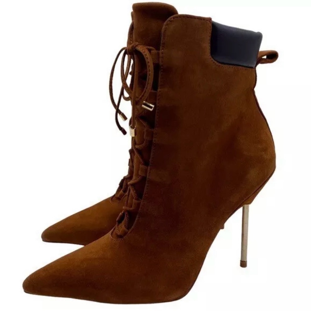 Good American Shoes Good American Brown Suede Booties Lace Up Stiletto Size 8.5 - Picture 4 of 16